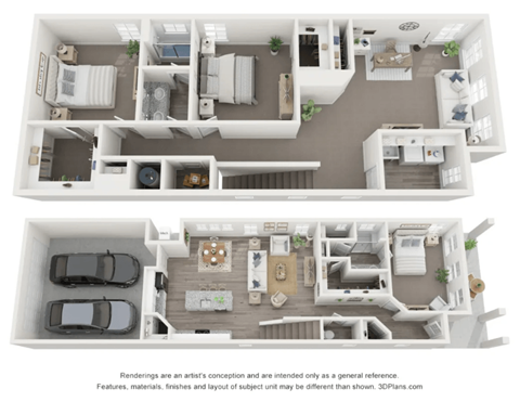 A 3D floor plan of a house with two levels, a garage, and a living room with a kitchen and dining area.
